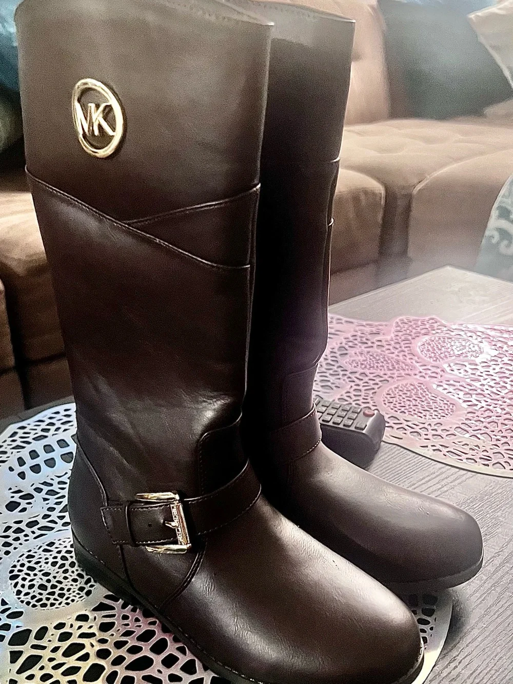 Michael Kors Girls Dark Brown Tall Boots with Gold MK Emblem
